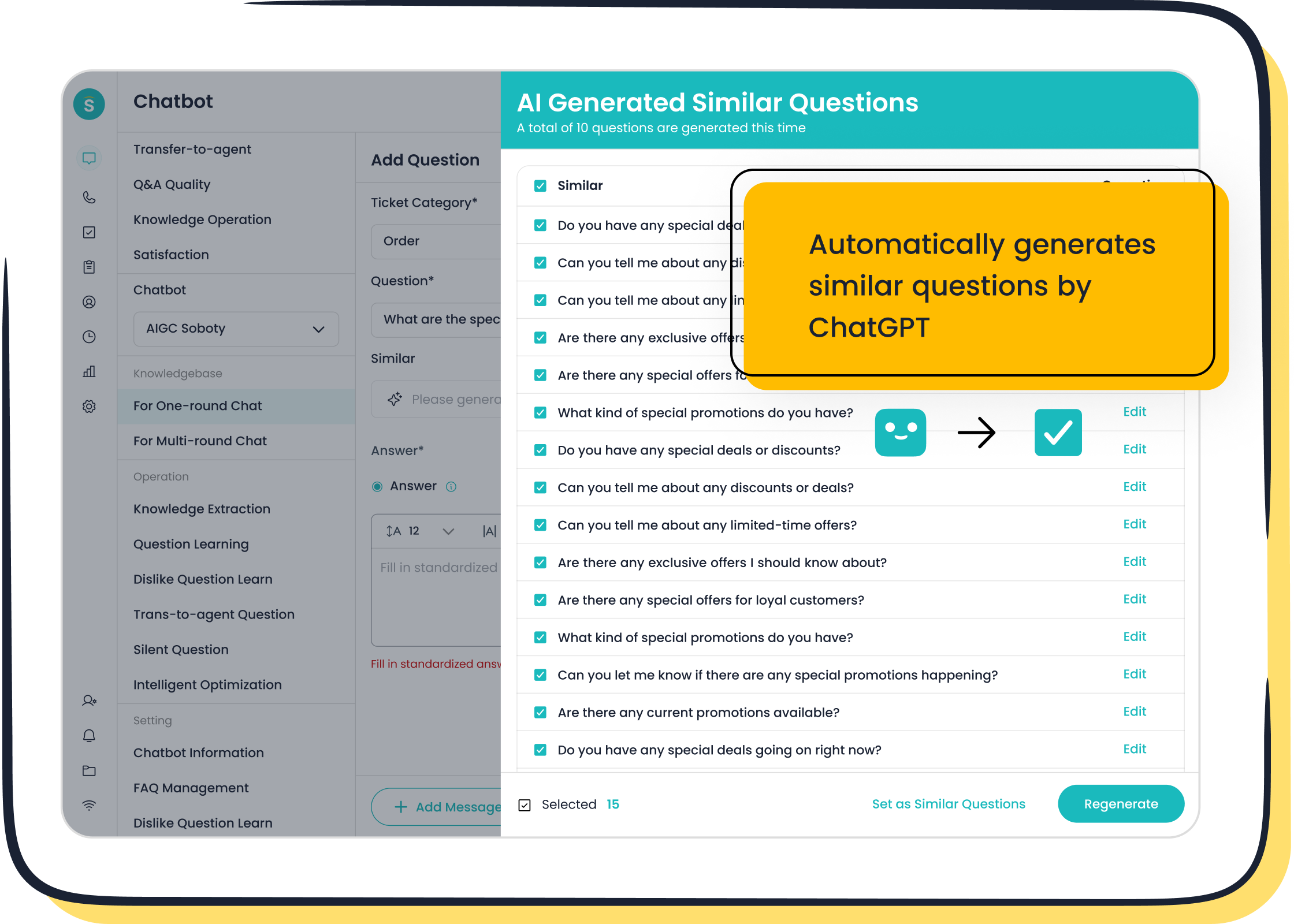 Sobot AI generates similar Q&A pais in bulk.